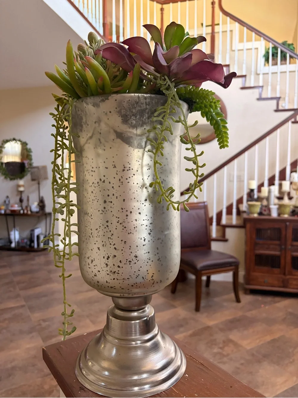 Metallic Silver Decorative Urn Vase with Green Succulent Accents